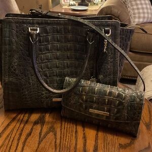 BRAHMIN Dark Green Croc Tote and Wallet Set Retail $710 Gently Used EUC
